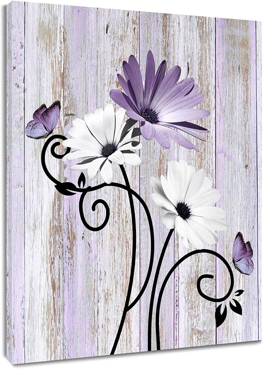HVEST Purple Floral Daisy Wall Art Lavender Flower and Butterfly Rustic Botanical Abstract Painting Farmhouse Plant Wall Art for Bathroom Living Room Bedroom Decor Ready to Hang, 16Lx12W Inches