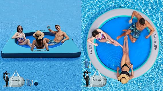 AWEMUFA 8ft Round Floating Ring Inflatable Raft 8ft Water Hammock Floating Dock Lake Floats for Adults