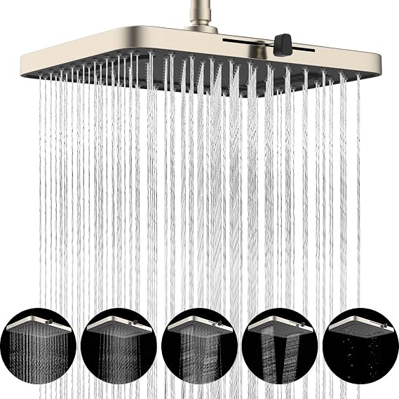 Hibbent cUPC Certified 5 Spray Modes Shower Head, 13'' High Pressure Large Rainfall Shower Head, High Flow Waterfall Bathroom Fixed Showerheads, Adjustable Swivel Ball Joint, Brushed Nickel