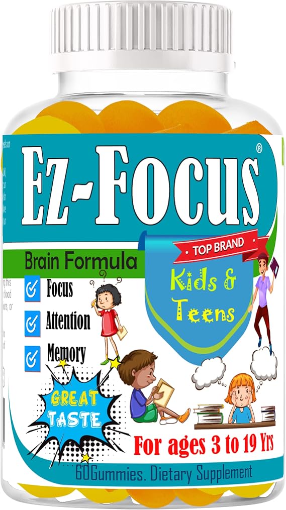 Ez-Focus Gummies for Kids, Teens and Youth Brain Focus, Memory & Attention Support, DHA & Omega-3 for Kids, Concentration and Focus Supplement, Calm and Study Brain Vitamins 60 ct