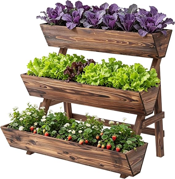 Vertical Garden Planter Tiered Planter 3 Tier Raised Garden Bed Outdoor | Wood Planter Box Gardening Outdoor Patio Kit Tiered Planter Box vegetable for Patio Balcony Freestanding (Carbonized Large)