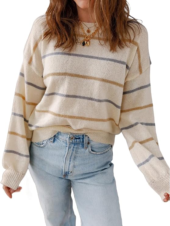 Womens Striped Ribbed Sweater Long Sleeve Crewneck Drop Shoulder Fall Sweaters Top L Apricot