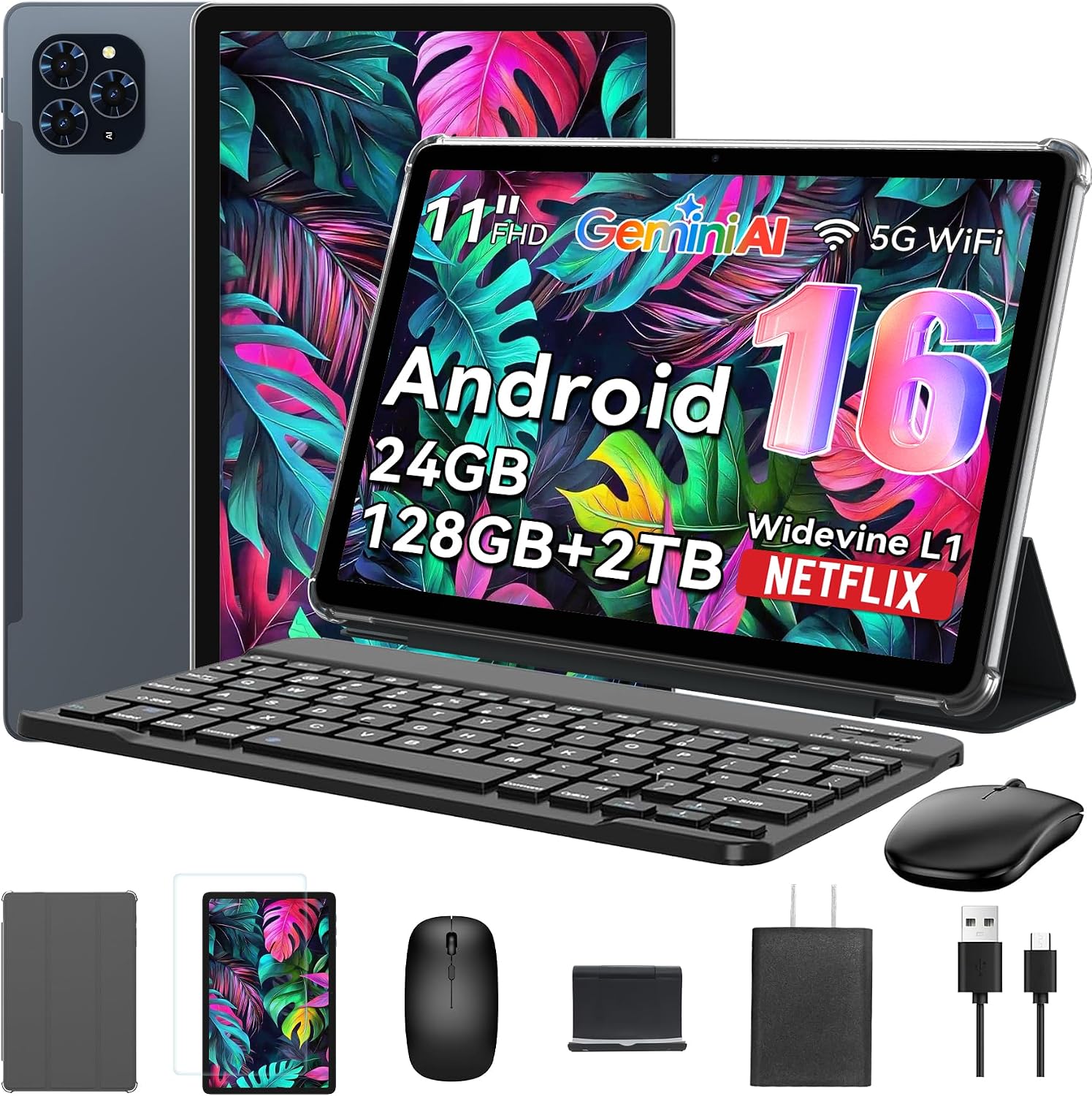 Tablet 2026 Android 16 Tablet with Gemini AI 3.1, 11 Inch FHD Display, 24GB RAM 128GB ROM2TB TF, T7250 CPU  13MP Camera, 8000mAh, Widevine L1, Tablet with Keyboard, Mouse, Gray, for Work and Study