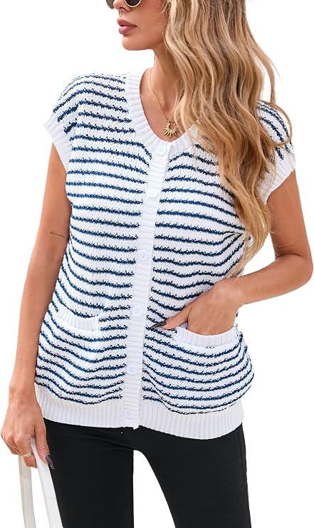 Famulily Womens Cap Sleeve Button Down Sweater Knit Top Summer Cute Striped Cardigan Sweaters with Patch Pockets