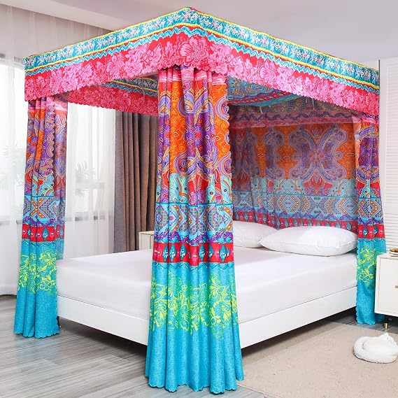Pangzi Bohemian 4 Corner Post Bed Curtain Canopy Bed Curtain Drapes for Adults Girls (Full, Red)