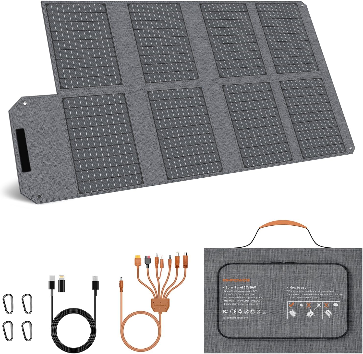 80 W Portable Solar Panel, 19 V Foldable Solar Charger with USB C, USB A and DC Outputs, IP65 Waterproof, for Portable Power Station, iPhone, iPad, Camping, Hiking, Outdoor Travel