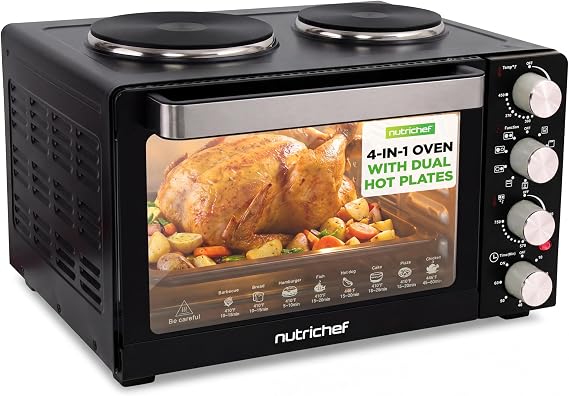 NutriChef 30 Quart Kitchen Convection Oven & 2 Burner Cooker - 1500 Watt Oven - 7 Cook Functions Rotisserie, Cook, Bake, Broil & More - Includes Baking Tray, Skewers & Handles - 19.6 x 16.0 x 13.5 IN