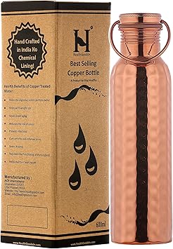 HealthGoodsIn - Pure Copper Hammered Water Bottle with Carrying Handle 600 Ml 20.28 Fluid Ounce | Seamless Leakproof Water Bottle for Ayurvedic Benefits