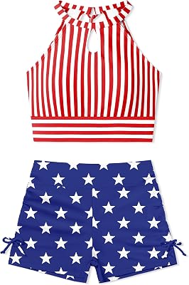 Girls Swimsuits Tankini Striped Halter Neck Cute Bathing Suits Swim Shorts 2 Piece Sets