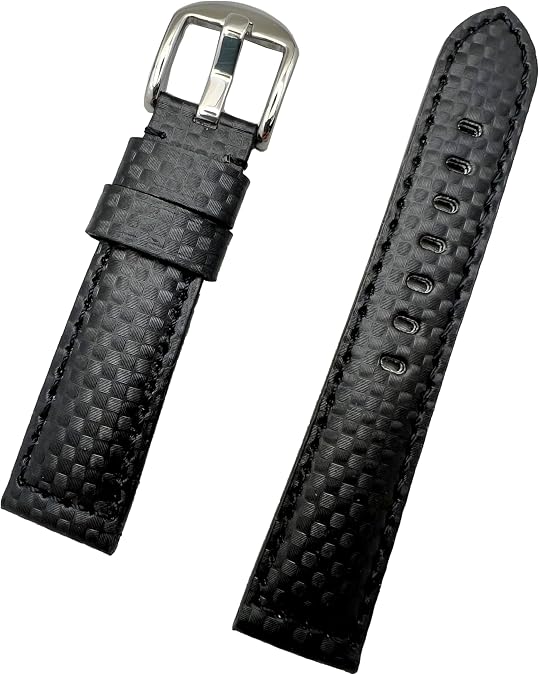 20mm Black Carbon Fiber Leather Watchband Thick Replacement Watchstrap