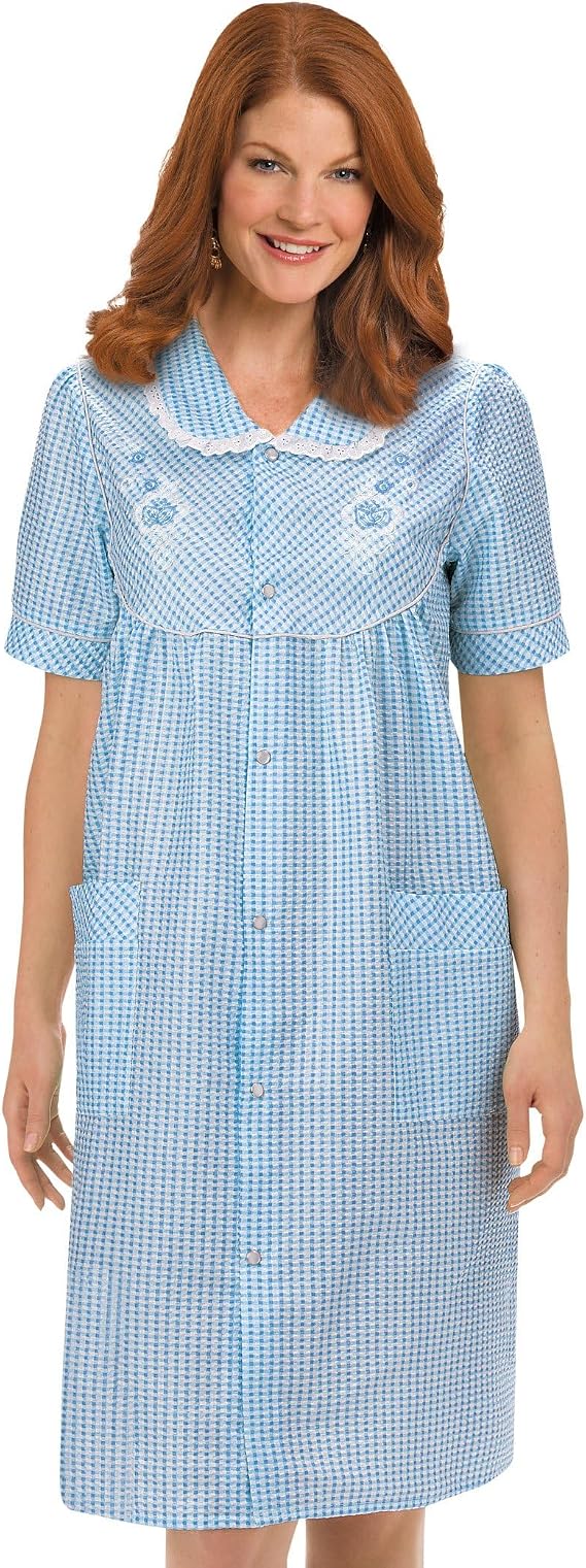 Collections Etc Collections Women's Etc. Gingham Women's Robe with Floral Accents, Snap-Front Closure and Lace Trim