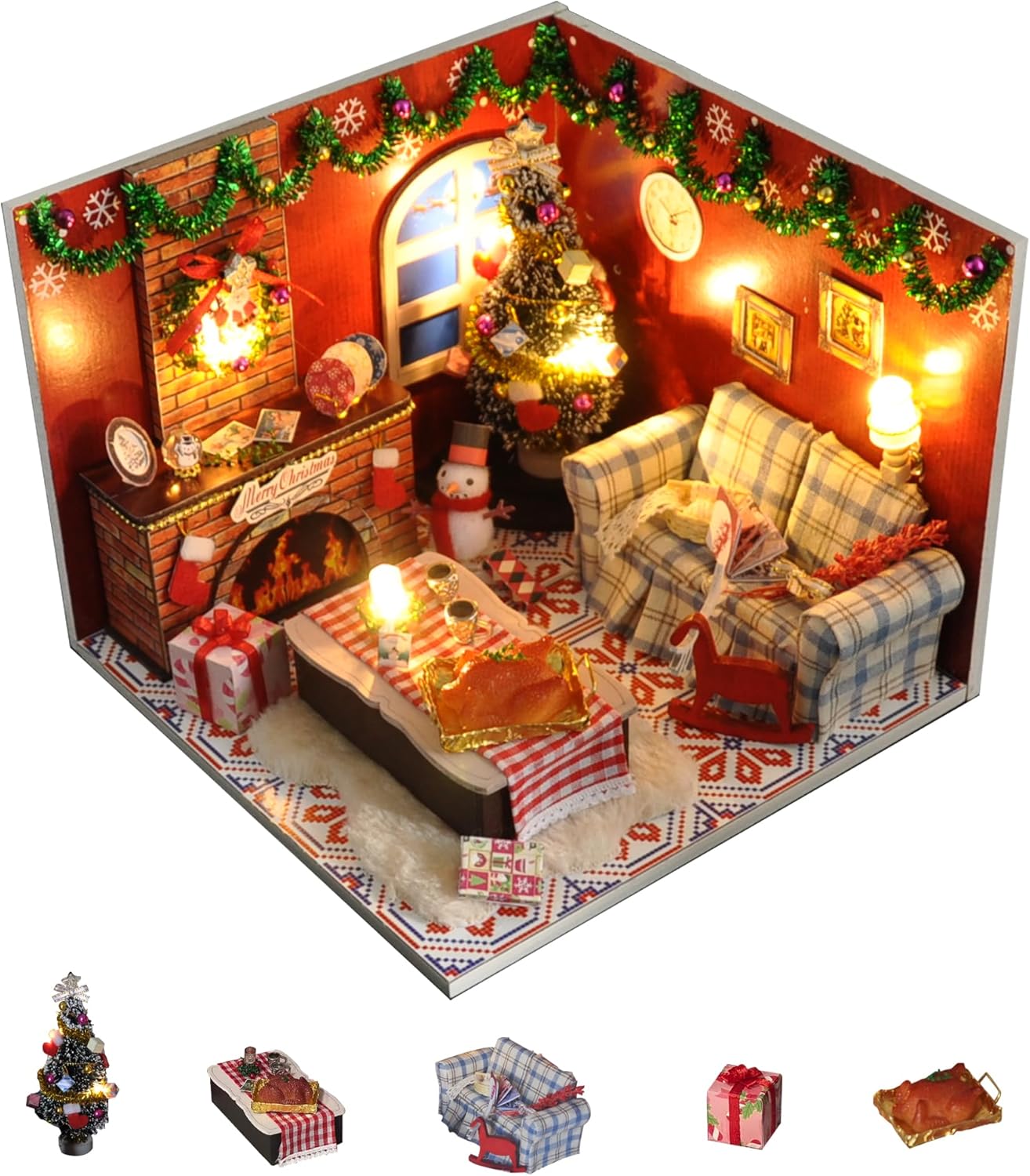 Flever Dollhouse Miniature DIY House Kit Creative Room with Furniture and Glass Cover for Romantic Artwork GiftChristmas Eve