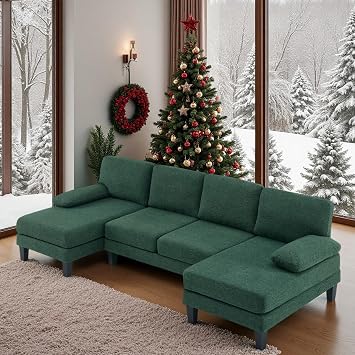 VINGLI 110' U-Shaped Sectional Couch with Two Chaise, Affordable Small Sofa with 4 Seats, Chenille Fabric Comfy Couches for Living Room, Dark Green