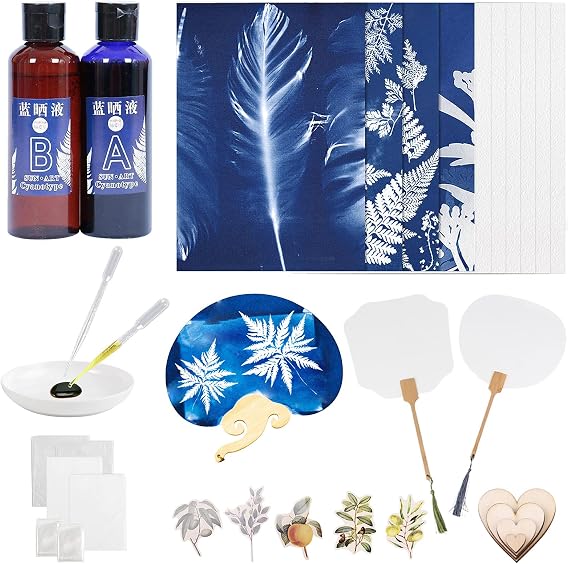 Cyanotype Paper Kit - Sun Print Nature Printing Kit, DIY Cyanotype Craft Projects, 2 Cyanotype Sensitizer, 10 Sheets A4 Paper, Material kits, High Sensitive Solar Activated Art Printing for Crafting