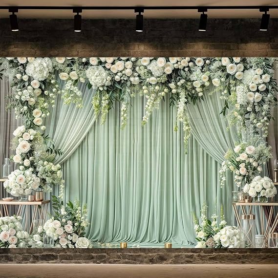 12X10ft Green Wedding Flower Wall Backdrop White Rose Floral Curtain Background for Bridal Shower Birthday Party Anniversary Ceremony Photography Props for Portrait Photo Studio Booth Decorations