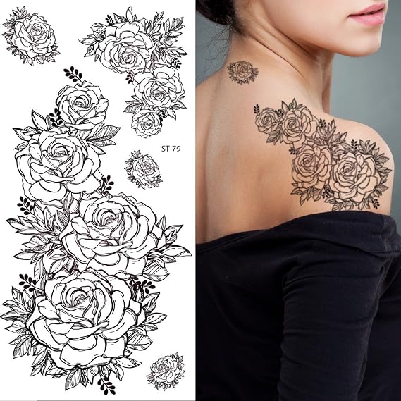 Supperb Temporary Tattoos - Hand Drawn Black Roses Flowers Temporary Tattoo