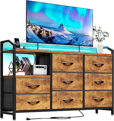 KKL Dresser for Bedroom with Light Strip & Power Outlet 8 Drawers Dressers & Chest of Drawers with Shelf, Wood Top, Metal Frame, Wide Dressers for Girls Bedroom, Living Room, Hallway, Closet,Vintage