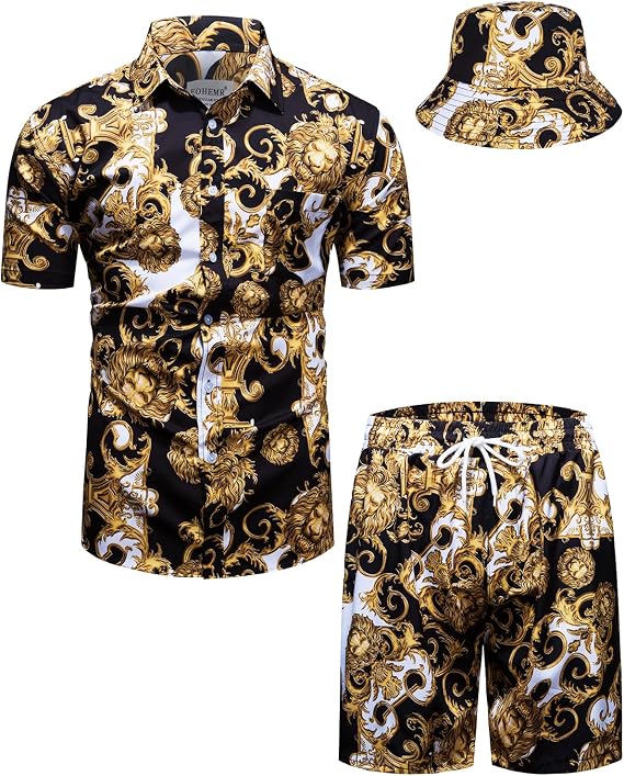 fohemr Outfit Men's Baroque 2-Piece Golden Chain Pattern Shirt Shorts with Bucket Hat Leisure Suit Summer Holiday Beach Set