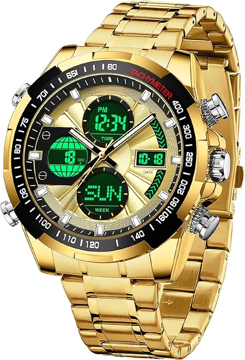 findtime Luxus Herren Uhren Edelstahl Gold Armbanduhr Männer mit Alarm Timer Datum Stoppuhr 5ATM wasserdichte Digitale Analoguhr Business Elegant