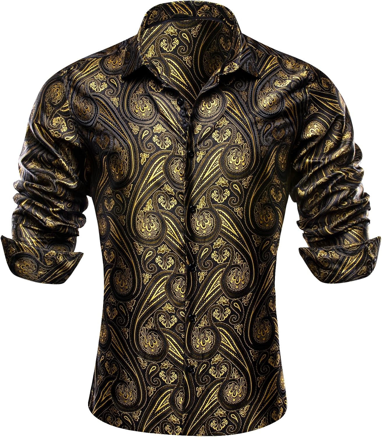 Barry.Wang Men Dress Shirt, Paisley Flower Woven Silk Regular Fit Long Sleeve Button Shirts FormalCasual Daily