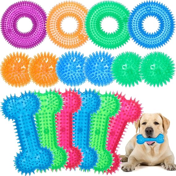 Yexiya 16 Pcs Dog Squeaky Toys Bulk Set Spiky Dogs Donut Bone Teething Toys Squeaky Balls TPR Rubber Toss Fetch for Puppy Small Medium Puppy Aggressive Chewers Training Fetching