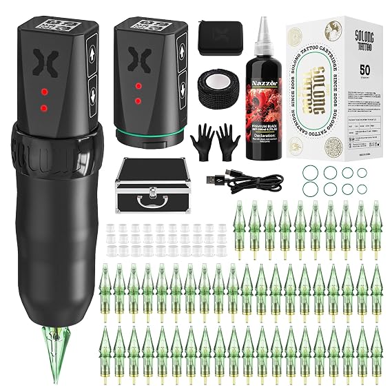 Black Cordless Rotary Tattoo Gun Kit, Lightweight Aluminum Tattoo Pen with LCD Display, Dual Batteries Adjustable Voltage Tattoo Supplies for Hobbyists & Professionals, SLE78KIT-1