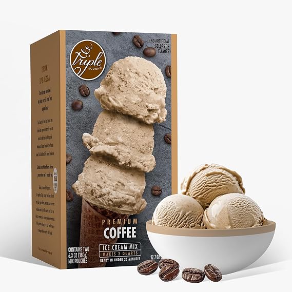 Triple Scoop Coffee Ice Cream Mix, Gourmet, Ready In 5 Min, 1 Pack | Makes 2 Creamy Quarts Just Add Milk & Cream Use With Any Ice Cream Maker Made In USA