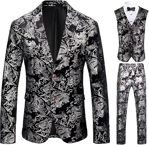 Men's Printed 3 Pieces Suit 2 Button Slim Fit Jacket Vest Pants Wedding Party Paisley Suits