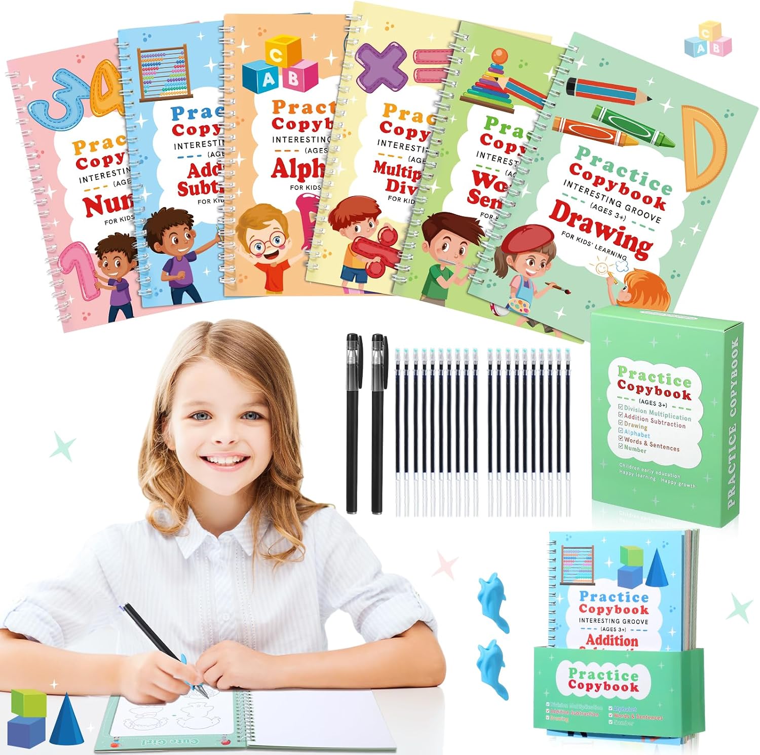6 Pieces Grooved Handwriting Workbooks for Kids Reusable Writing Practice Book Practice Copybook Set Preschool Calligraphy Workbook for Kids Age 3-8, 6 Books with Pens, Green Gift Box