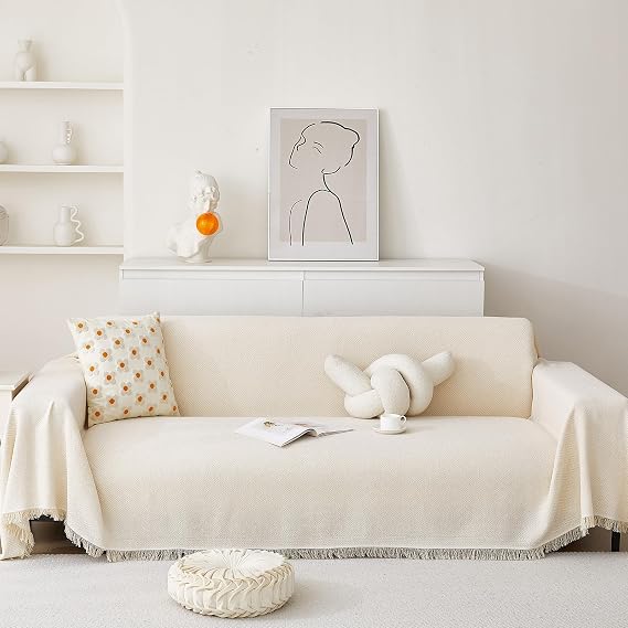 Twill Geometric Pattern Sofa Cover, Cream White, 71" 118"