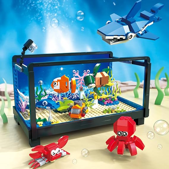 Ouepiano 625Pcs Building Block Fish Tank Set Lighting Fish Tank Building Toys,Marine Life Set with Octopus,Shark,Turtle STEM Gift for Teens & Adults 14+,Desk Decor
