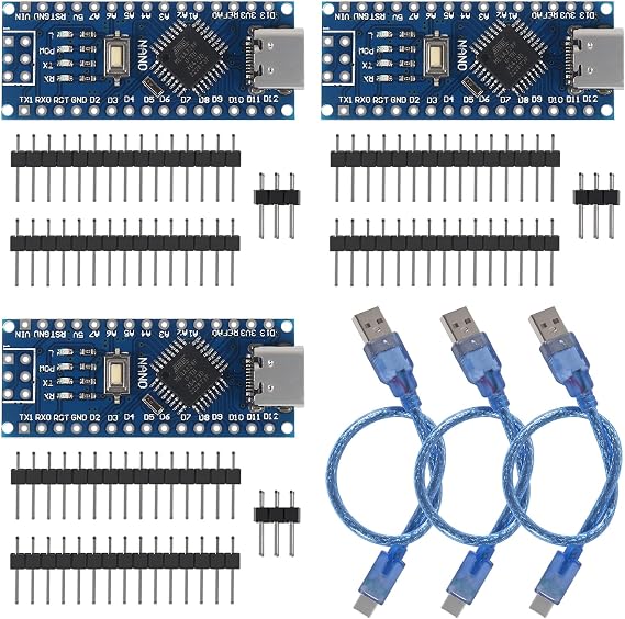 3 Pieces Nano Board V3.0 ATmega328P with Cable Compatible with Arduino Nano V3.0 with Pin Headers Unsoldered (USB C Port)