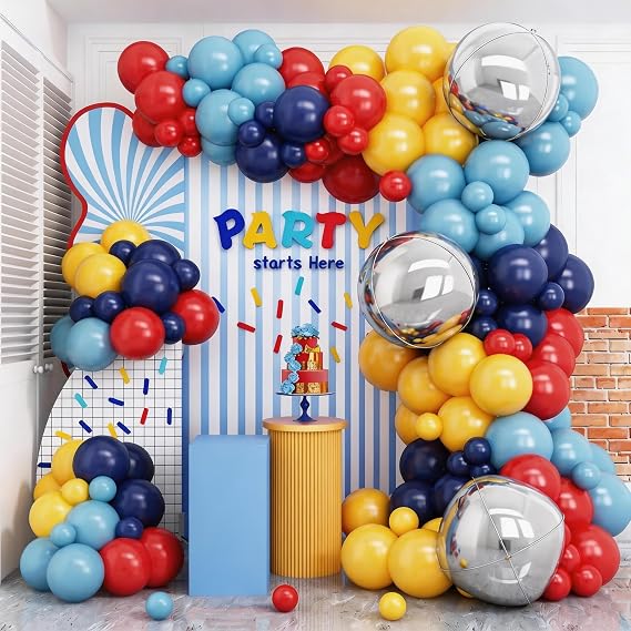 Jobkoo Red Blue Yellow Balloon Arch Kit with 4D Silver Ball Foil Balloons, Dusty Navy Blue Red Yellow Latex Balloons Garland for Carnival Circus Birthday Baby Shower Party Decorations