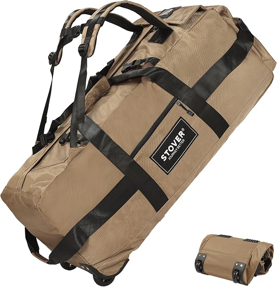 STOVER 80L Rolling Duffel Bag with Wheels, Extra Large 31 Inch Durable Travel Duffle Bag- Rugged, Collapsible, Rollable Design w/Shoulder Straps- Use as Luggage or Backpack for Men/Women (Tan)