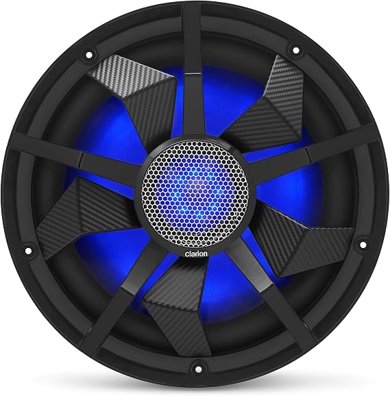 Clarion CM3013WL 12-inch Marine Subwoofer 300W RMS Power handling Dual 2 ohm Voice coils Built-in RGB Illumination Includes Black & Silver Grilles Water Resistant: IP55 Front