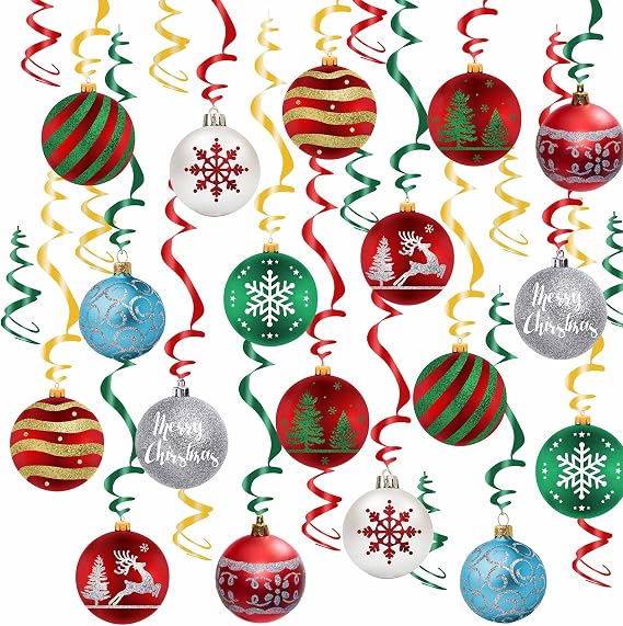 Fumwase 30 Pcs Christmas Balls Swirls - Hanging Decorations Set with Spiral Ornament and Light Bulb Seasonal Ceiling Decorations