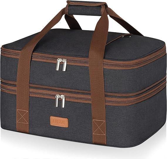 LHZK Double Decker Insulated Casserole Carrier for Hot or Cold Food, Expandable Hot Food Carrier, Lasagna Holder Tote for Potluck Parties, Picnic, Beach, Fits 11 x 15 or 9 x 13 Baking Dish (Black)