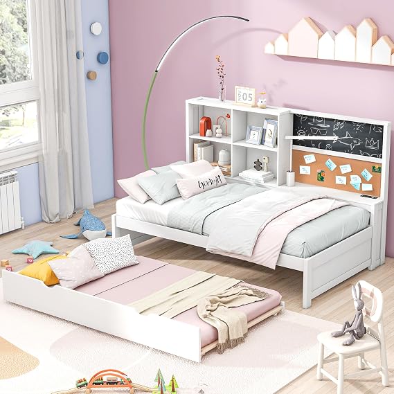 Merax Twin Size Daybed with Trundle, Wood Twin Daybed Frame with Storage Shelves, Blackboard, Cork Board and USB Ports, White