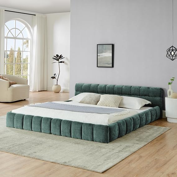 King Size Cloud Bed Frame, Upholstered Platform Bed Frame with Soft Headboard, Upholstered Ground Bed Frame, No Box Spring Needed, Green