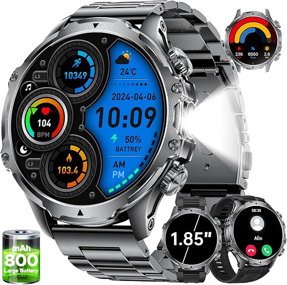 LIGE Smart Watch for Men with 800 mAh/LED Flashlight, 1.85'' Smartwatch with Bluetooth Call/30+ Days Standby/Health Monitor, Waterproof Sport Tactical Military Fitness Tracker Watch for Android iOS