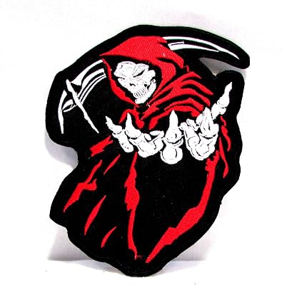 Left Grim Reaper Red White on Black Patch Small Iron-on Patches for Biker Vest or Jacket