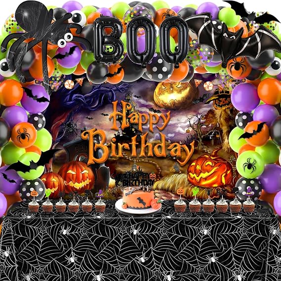 Halloween Party Decorations 105Pcs Spider Web Balloon Arch Tablecloth Kit