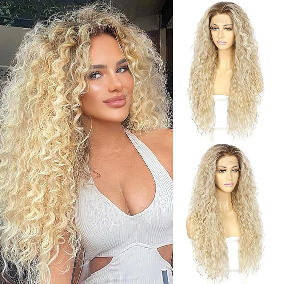 SAPPHIREWIGS Ombre Blonde Deep Curly Synthetic Lace Front Wig 26 Inch