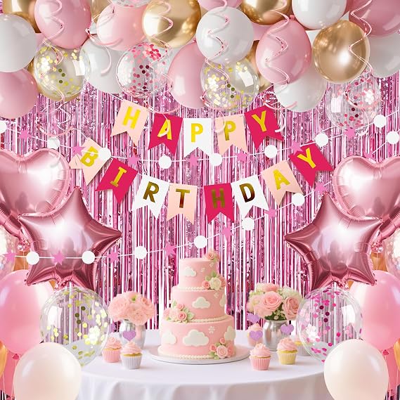 Pink Birthday Decorations for women with Happy Birthday Banner, Fringe Curtains, Foil Confetti Balloons, Pink & Gold Latex Balloons, Hanging Swirls, Cupcake Toppers, Birthday Party Decorations