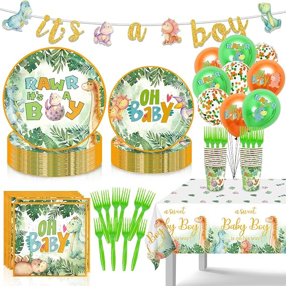 Dinosaur Baby Shower Decorations for Boy, Dinosaur Theme Hatching Soon Baby Boy Shower Decorations Dino Party Supplies OH Baby Plates, Rawr It's a Boy Napkins, Cups, Balloons, Tablecloth | Serve 20