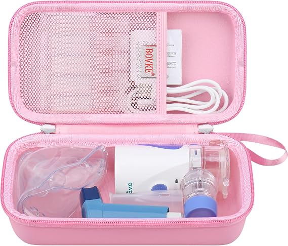 BOVKE Carrying Case for Handheld Electric Nebulizer for Adults and Kids, Inhaler Spacer Bag, Portable Electric Nebulizer Asthma Inhaler Holder, Mesh Pocket for Cables, Batteries and Accessories, Pink