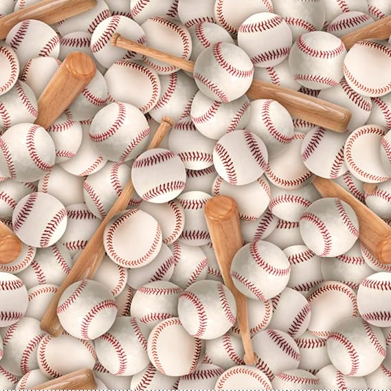 Baseballs and Bats Print 100% Cotton Fabric Material by the Yard