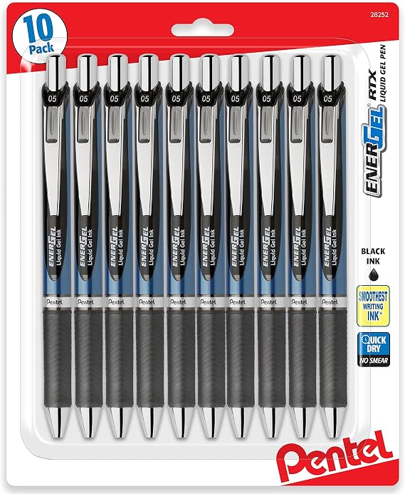 Pentel Energel 0.5 mm, Black Needle Tip Pens - Rtx Retractable Pack of 10 Pens