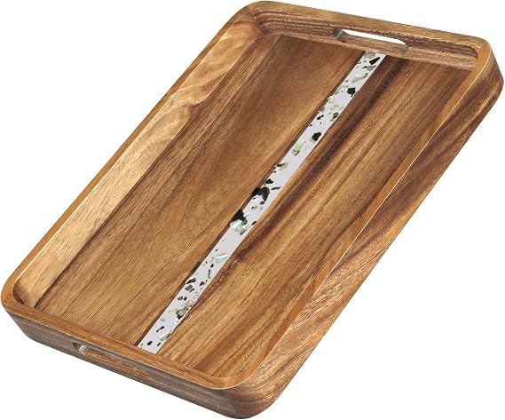KITEISCAT Acacia Wood Serving Tray with Handles, 17x13 Rectangular Decorative Ottoman Tray for Living Room, Coffee Table Tray for Decor, Breakfast in Bed
