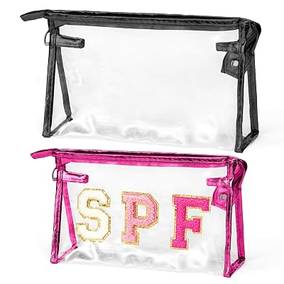Preppy Patch Cosmetic Bags - 2Pcs SPF Chenille Varsity Letter Rose Red Toiletry Bag Black Large Clear Waterproof Portable Makeup Bag Zipper Clutch Purse Travel Beach Bag for Women